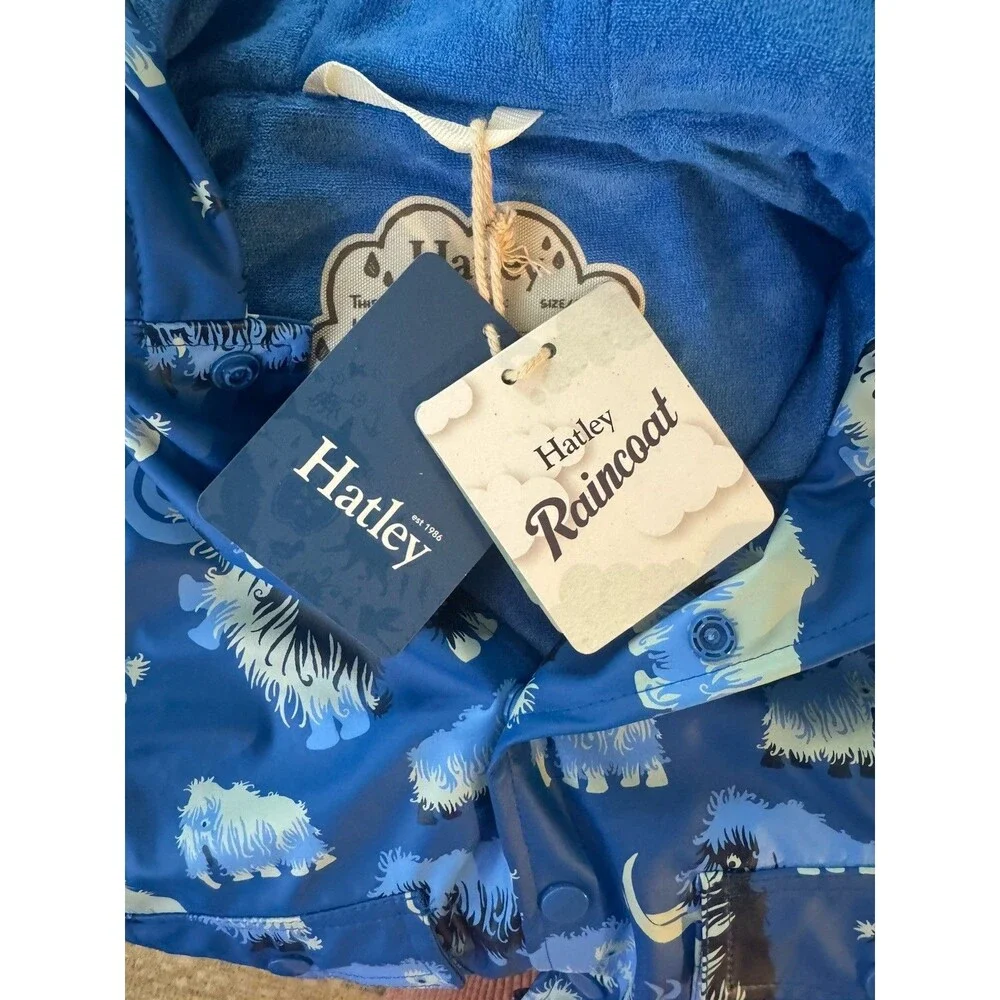 Hatley Raincoat Woolly MammothsBlue Hooded Fleece Lining Full Zip Pockets Size 2